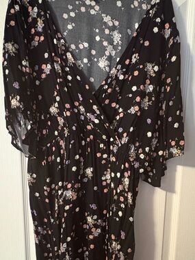 Rewind Black Floral Midi Wrap Dress with Puff Sleeves